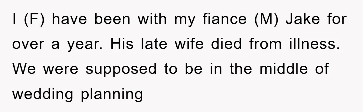 I (F) have been with my fiance (M) Jake for over a year. His late wife died from illness. We were supposed to be in the middle of wedding planning