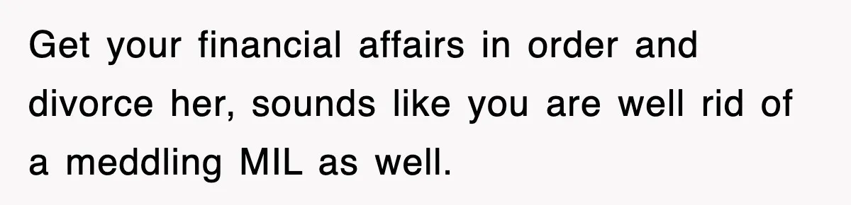 Get your financial affairs in order and divorce her, sounds like you are well rid of a meddling MIL as well.