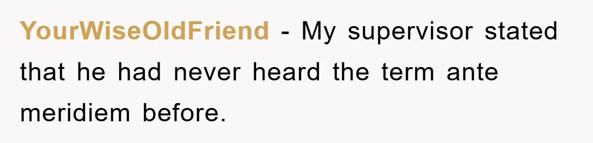 Supervisor Said No Abbreviations, He Obeyed, And Confused Everyone With ‘Ante Meridiem’ YourWiseOldFriend − My supervisor stated that he had never heard the term ante meridiem before.