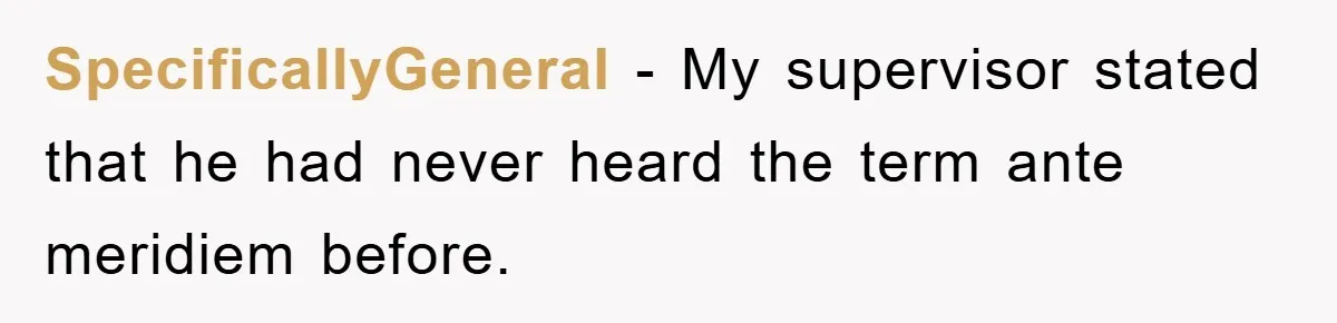 Supervisor Said No Abbreviations, He Obeyed, And Confused Everyone With ‘Ante Meridiem’ SpecificallyGeneral − My supervisor stated that he had never heard the term ante meridiem before.