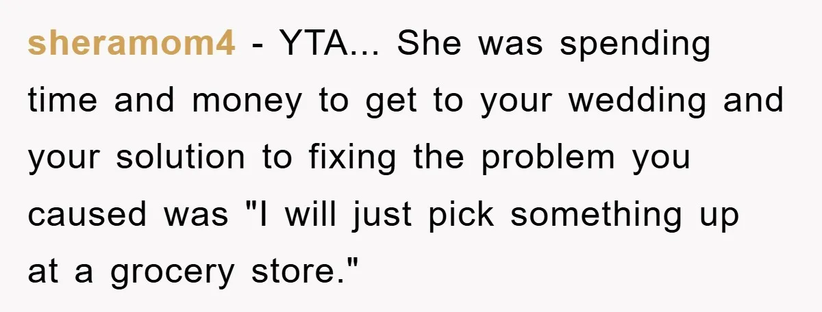 sheramom4 - YTA... She was spending time and money to get to your wedding and your solution to fixing the problem you caused was "I will just pick something up...