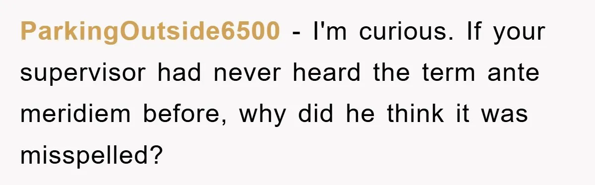 Supervisor Said No Abbreviations, He Obeyed, And Confused Everyone With ‘Ante Meridiem’ ParkingOutside6500 − I'm curious. If your supervisor had never heard the term ante meridiem before, why did he think it was misspelled?