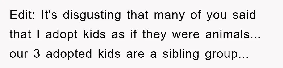 Edit: It's disgusting that many of you said that I adopt kids as if they were animals... our 3 adopted kids are a sibling group...