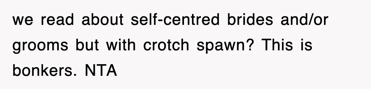 we read about self-centred brides and/or grooms but with crotch spawn? This is bonkers. NTA