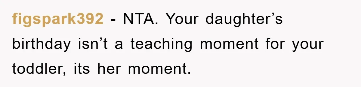 Mom Goes Viral For Refusing to Let Toddler Steal Sister's Spotlight figspark392 - NTA. Your daughter’s birthday isn’t a teaching moment for your toddler, its her moment.