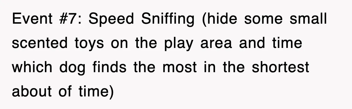 Event #7: Speed Sniffing (hide some small scented toys on the play area and time which dog finds the most in the shortest about of time)