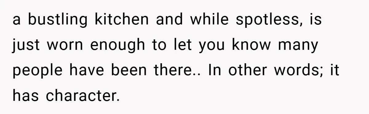 a bustling kitchen and while spotless, is just worn enough to let you know many people have been there.. In other words; it has character.