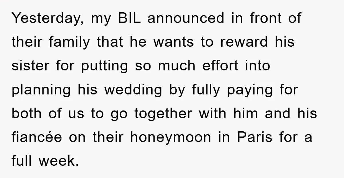 She Wanted A Free Trip To Paris, But Her Husband Refused To Tag Along On Her Brother’s Honeymoon Yesterday, my BIL announced in front of their family that he wants to reward his sister for putting so much effort into planning his wedding by fully paying for both...