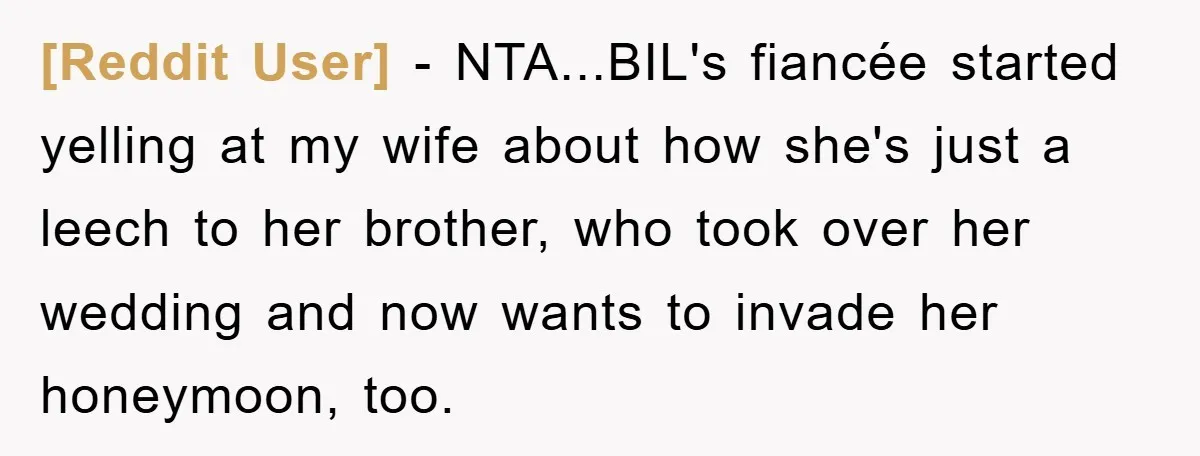 [Reddit User] − NTA...BIL's fiancée started yelling at my wife about how she's just a leech to her brother, who took over her wedding and now wants to invade her...