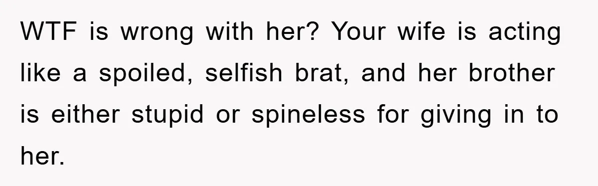 She Wanted A Free Trip To Paris, But Her Husband Refused To Tag Along On Her Brother’s Honeymoon WTF is wrong with her? Your wife is acting like a spoiled, selfish brat, and her brother is either stupid or spineless for giving in to her.