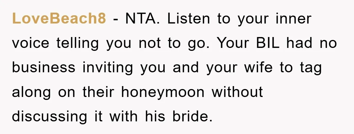 She Wanted A Free Trip To Paris, But Her Husband Refused To Tag Along On Her Brother’s Honeymoon LoveBeach8 − NTA. Listen to your inner voice telling you not to go. Your BIL had no business inviting you and your wife to tag along on their honeymoon without...
