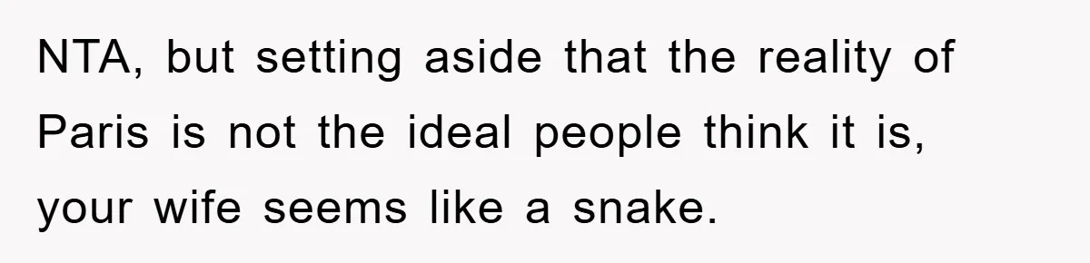 She Wanted A Free Trip To Paris, But Her Husband Refused To Tag Along On Her Brother’s Honeymoon NTA, but setting aside that the reality of Paris is not the ideal people think it is, your wife seems like a snake.