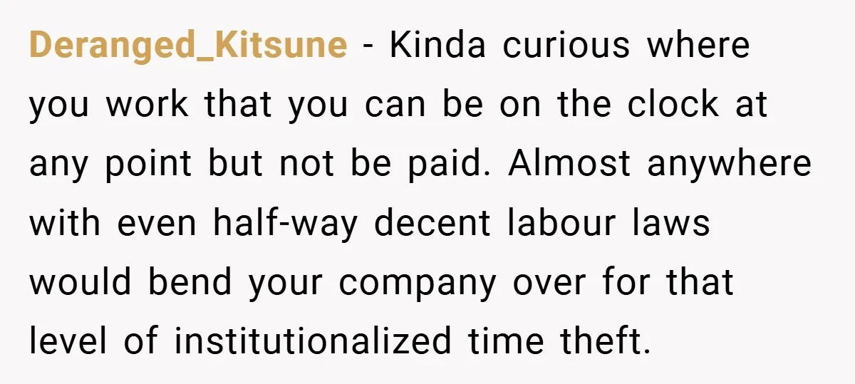 Deranged_Kitsune − Kinda curious where you work that you can be on the clock at any point but not be paid. Almost anywhere with even half-way decent labour laws would...