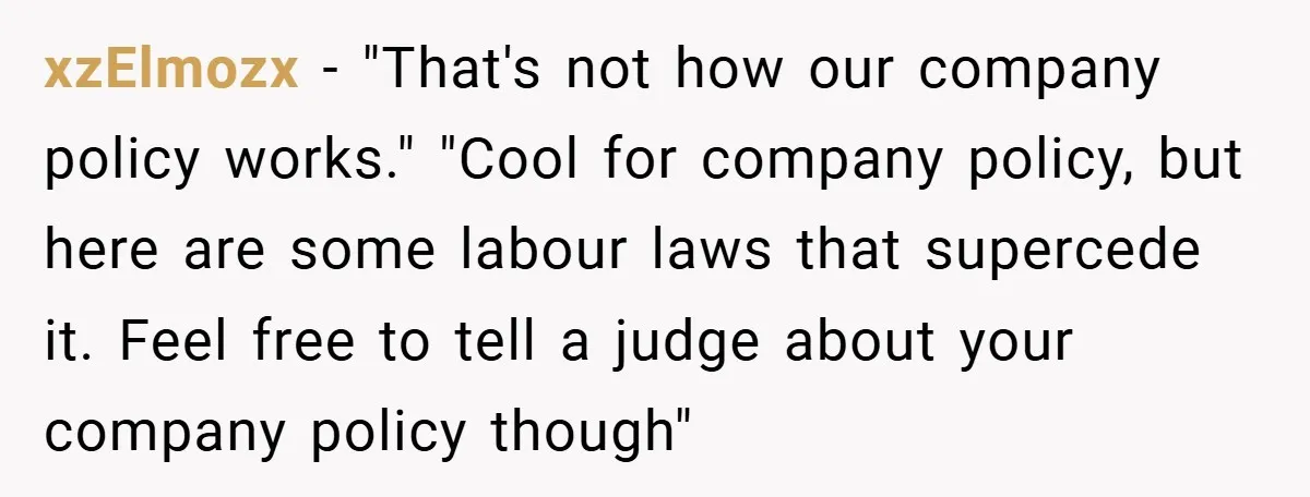 xzElmozx − "That's not how our company policy works." "Cool for company policy, but here are some labour laws that supercede it. Feel free to tell a judge about your...
