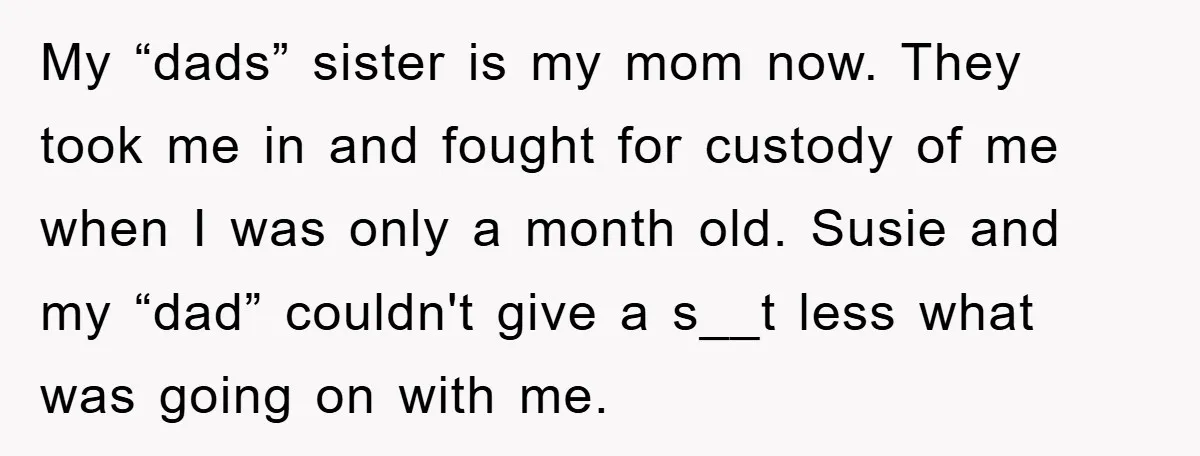 My “dads” sister is my mom now. They took me in and fought for custody of me when I was only a month old. Susie and my “dad” couldn't give...