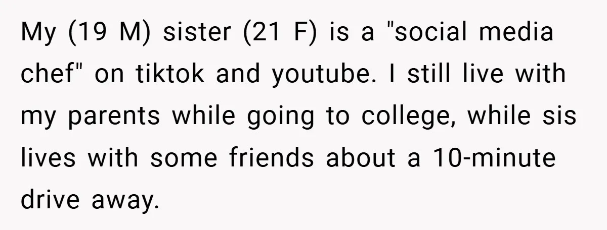 My (19 M) sister (21 F) is a "social media chef" on tiktok and youtube. I still live with my parents while going to college, while sis lives with some...