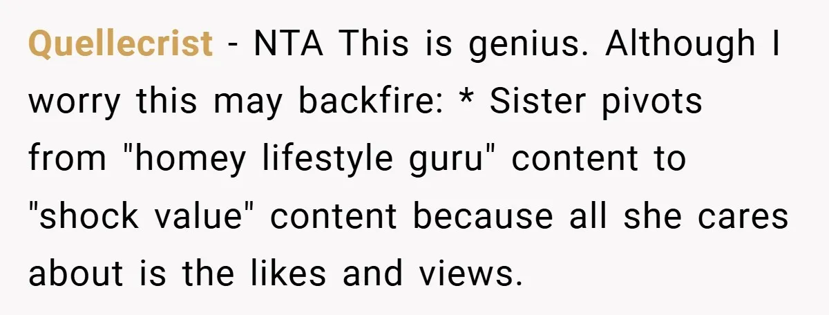 Quellecrist − NTA This is genius. Although I worry this may backfire: * Sister pivots from "homey lifestyle guru" content to "shock value" content because all she cares about is...