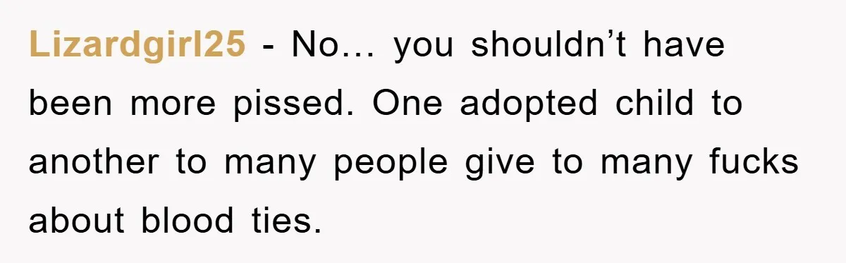 Lizardgirl25 − No… you shouldn’t have been more pissed. One adopted child to another to many people give to many fucks about blood ties.