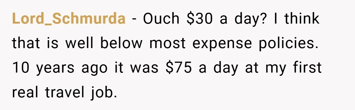 Lord_Schmurda − Ouch $30 a day? I think that is well below most expense policies. 10 years ago it was $75 a day at my first real travel job.
