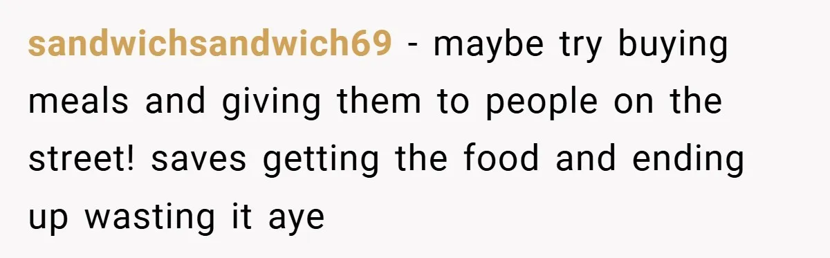 sandwichsandwich69 − maybe try buying meals and giving them to people on the street! saves getting the food and ending up wasting it aye