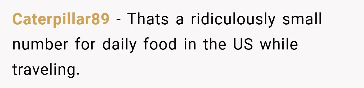 Caterpillar89 − Thats a ridiculously small number for daily food in the US while traveling.