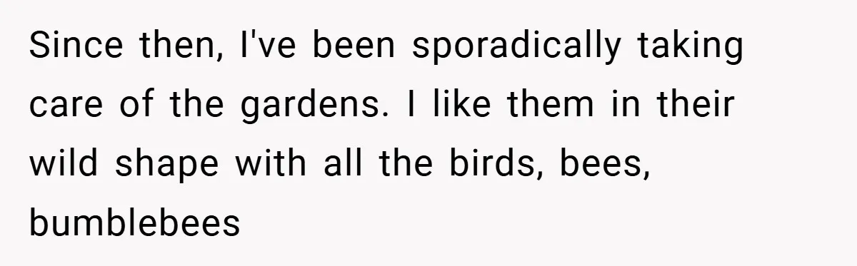 Since then, I've been sporadically taking care of the gardens. I like them in their wild shape with all the birds, bees, bumblebees