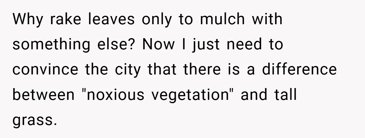 Why rake leaves only to mulch with something else? Now I just need to convince the city that there is a difference between "noxious vegetation" and tall grass.