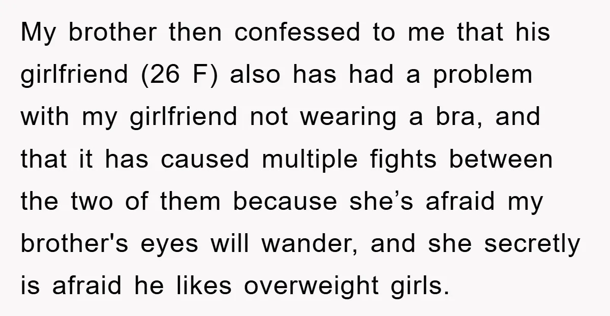 Family Shame His Girlfriend For “Not Wearing A Bra", He Said They Should Mind Their Own Business My brother then confessed to me that his girlfriend (26 F) also has had a problem with my girlfriend not wearing a bra, and that it has caused multiple fights...