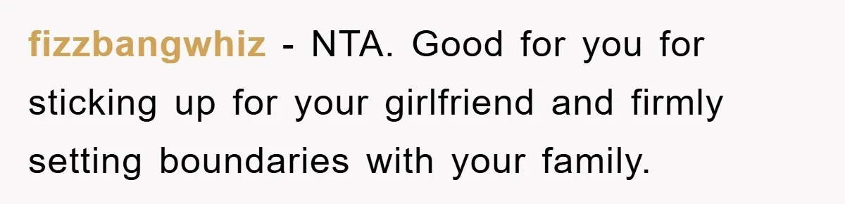 Family Shame His Girlfriend For “Not Wearing A Bra", He Said They Should Mind Their Own Business fizzbangwhiz − NTA. Good for you for sticking up for your girlfriend and firmly setting boundaries with your family.
