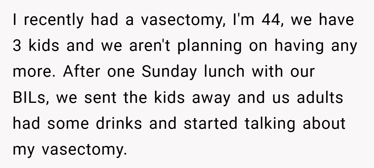 I recently had a vasectomy, I'm 44, we have 3 kids and we aren't planning on having any more. After one Sunday lunch with our BILs, we sent the kids...