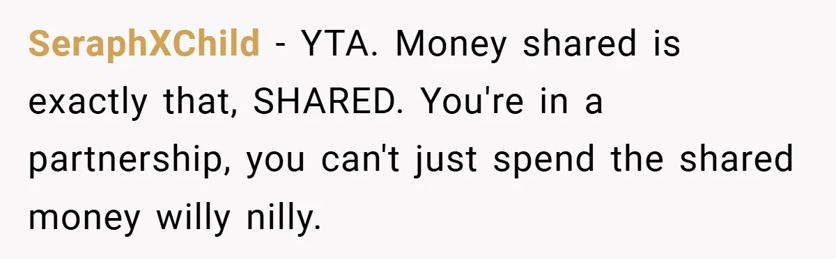 SeraphXChild − YTA. Money shared is exactly that, SHARED. You're in a partnership, you can't just spend the shared money willy nilly.