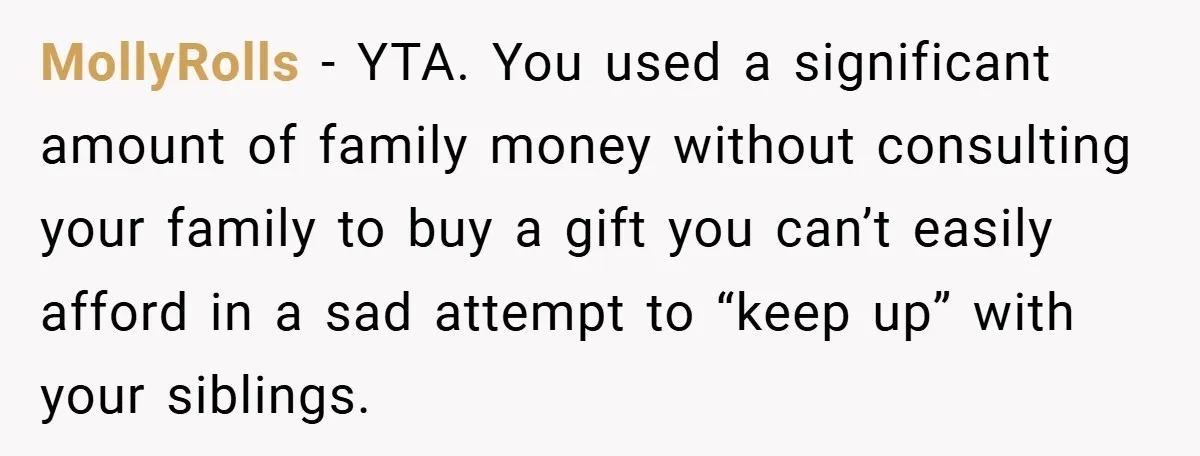 MollyRolls − YTA. You used a significant amount of family money without consulting your family to buy a gift you can’t easily afford in a sad attempt to “keep up”...