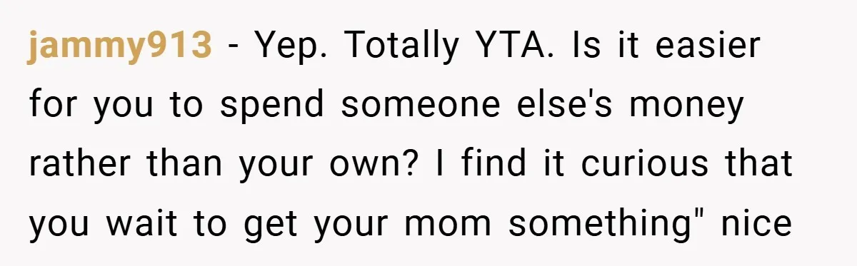 jammy913 − Yep. Totally YTA. Is it easier for you to spend someone else's money rather than your own? I find it curious that you wait to get your mom...