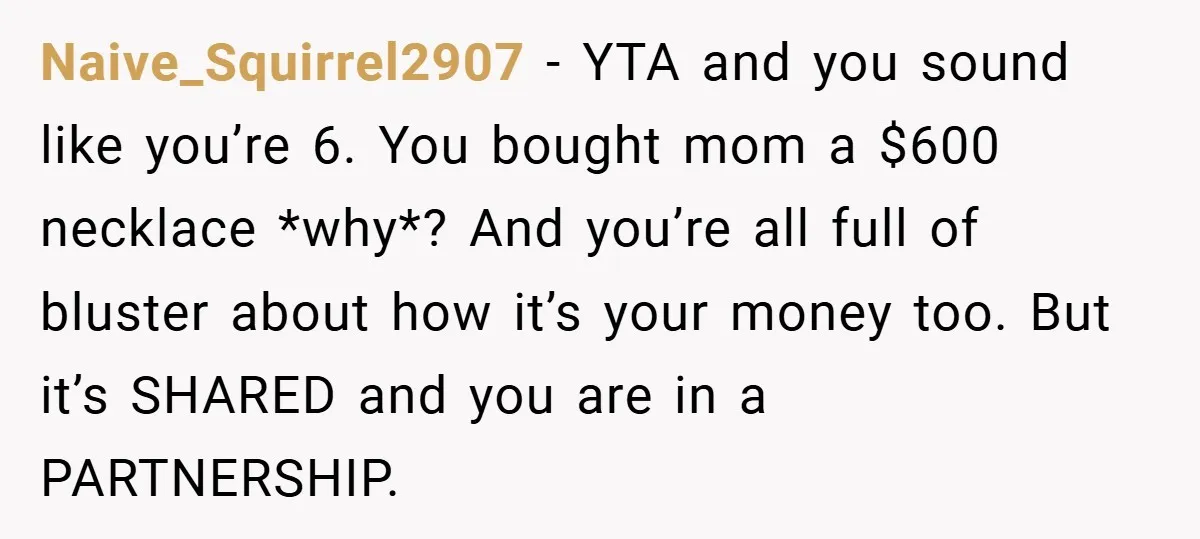 Naive_Squirrel2907 − YTA and you sound like you’re 6. You bought mom a $600 necklace *why*? And you’re all full of bluster about how it’s your money too. But it’s...