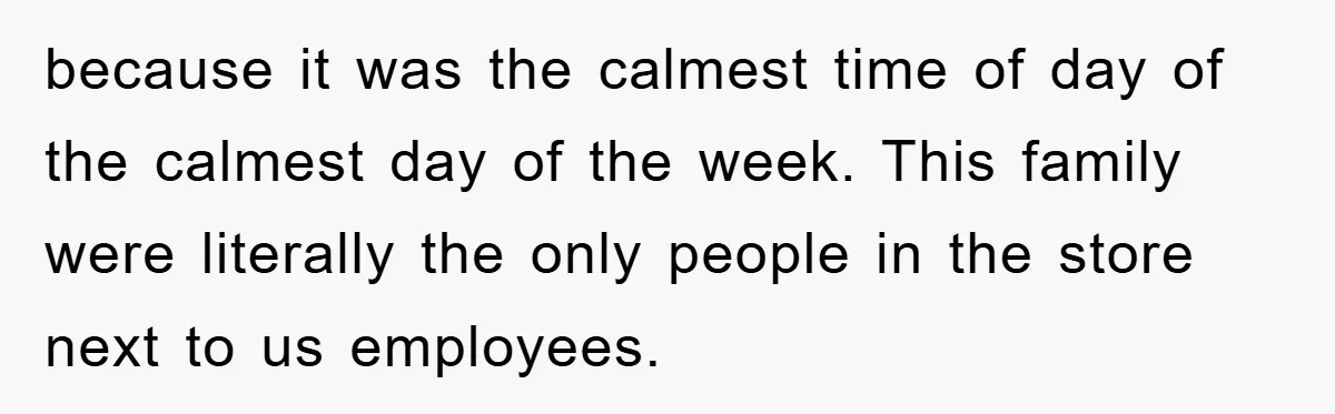 because it was the calmest time of day of the calmest day of the week. This family were literally the only people in the store next to us employees.