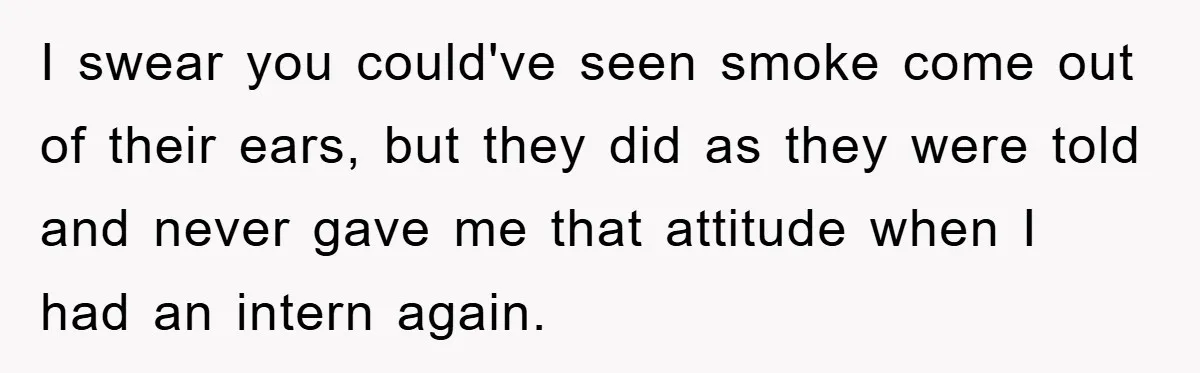 I swear you could've seen smoke come out of their ears, but they did as they were told and never gave me that attitude when I had an intern again.