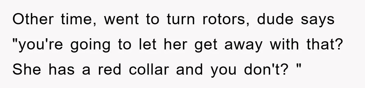 Other time, went to turn rotors, dude says "you're going to let her get away with that? She has a red collar and you don't? "