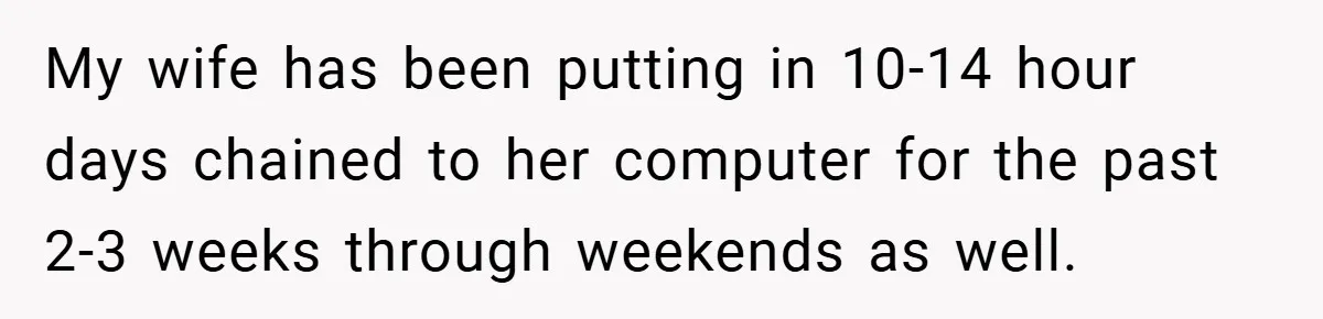 My wife has been putting in 10-14 hour days chained to her computer for the past 2-3 weeks through weekends as well.