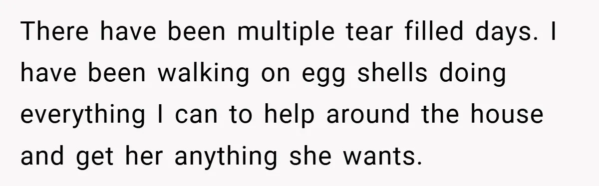There have been multiple tear filled days. I have been walking on egg shells doing everything I can to help around the house and get her anything she wants.