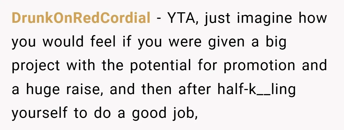 DrunkOnRedCordial − YTA, just imagine how you would feel if you were given a big project with the potential for promotion and a huge raise, and then after half-k__ling yourself...