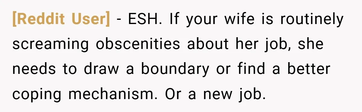 [Reddit User] − ESH. If your wife is routinely screaming obscenities about her job, she needs to draw a boundary or find a better coping mechanism. Or a new job.