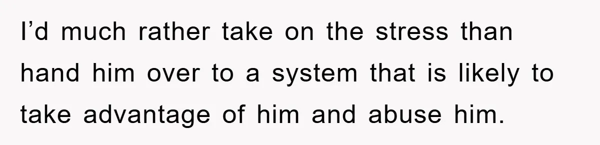 I’d much rather take on the stress than hand him over to a system that is likely to take advantage of him and abuse him.