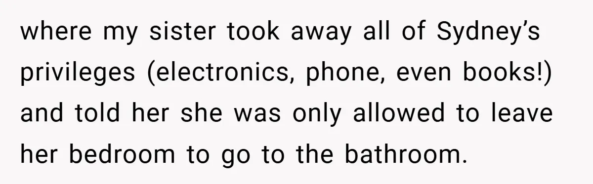where my sister took away all of Sydney’s privileges (electronics, phone, even books!) and told her she was only allowed to leave her bedroom to go to the bathroom.