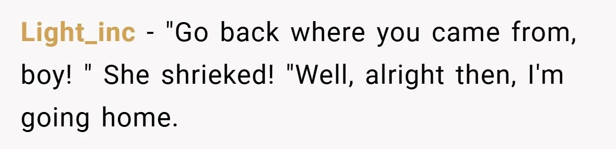 Light_inc − "Go back where you came from, boy! " She shrieked! "Well, alright then, I'm going home.