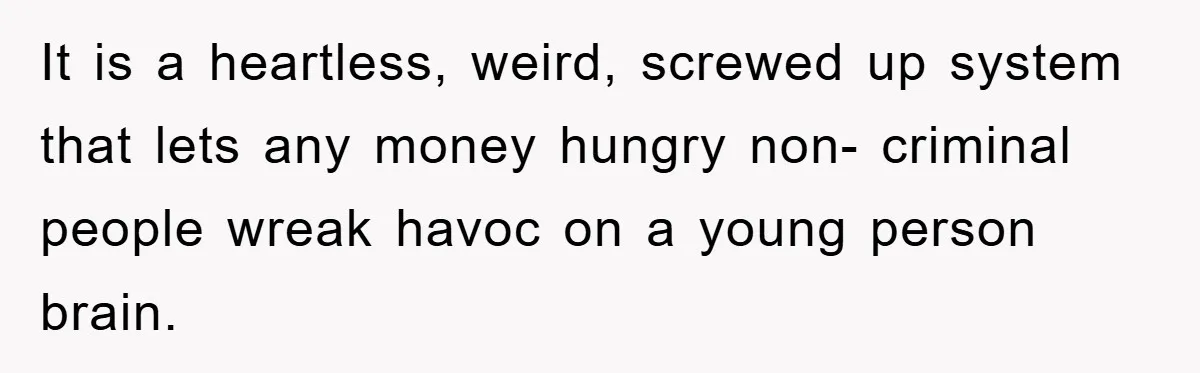 It is a heartless, weird, screwed up system that lets any money hungry non- criminal people wreak havoc on a young person brain.