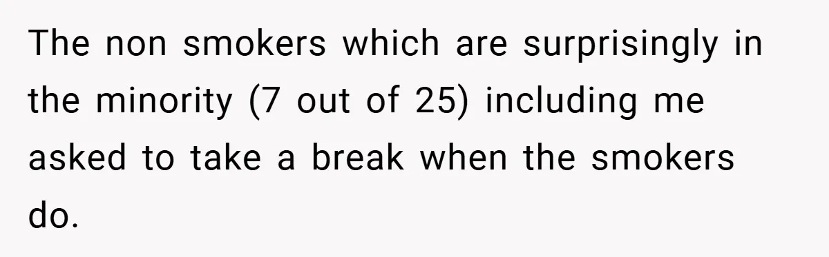 The non smokers which are surprisingly in the minority (7 out of 25) including me asked to take a break when the smokers do.