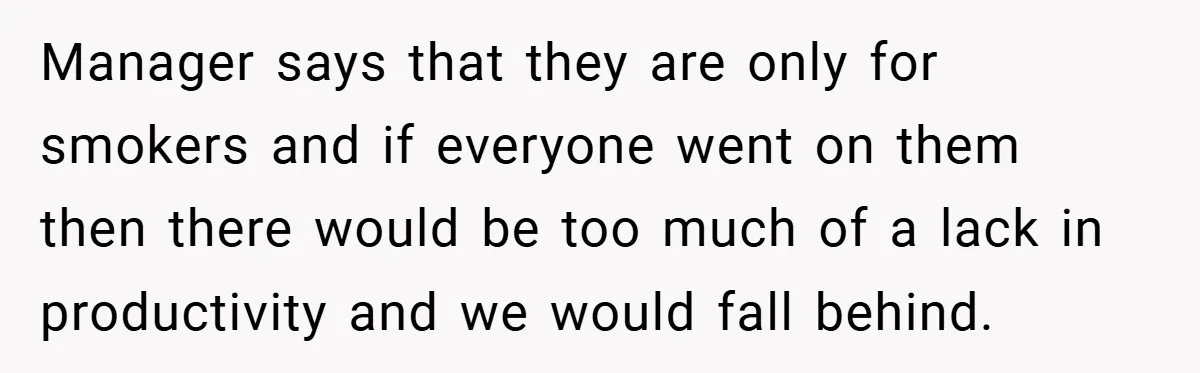 Manager says that they are only for smokers and if everyone went on them then there would be too much of a lack in productivity and we would fall behind.