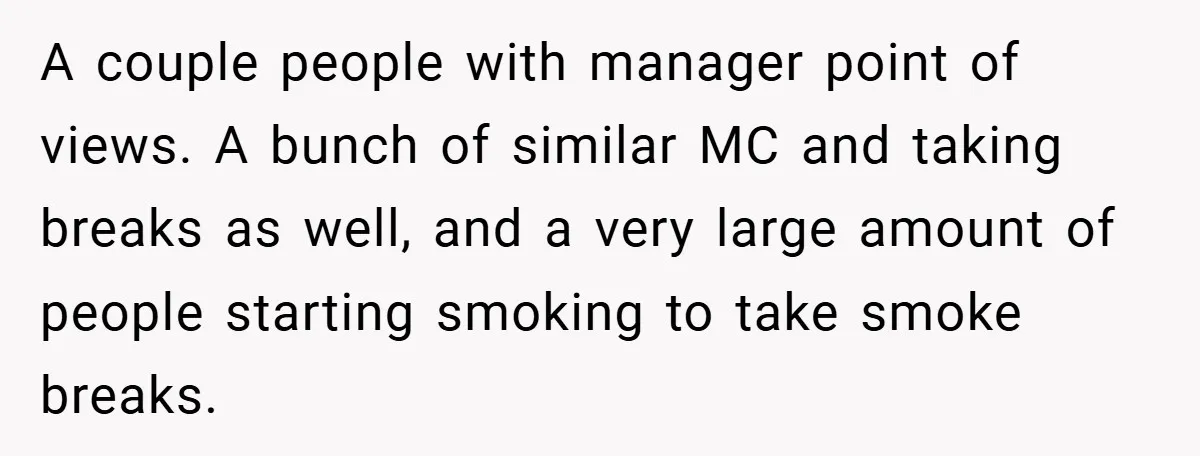 A couple people with manager point of views. A bunch of similar MC and taking breaks as well, and a very large amount of people starting smoking to take smoke...