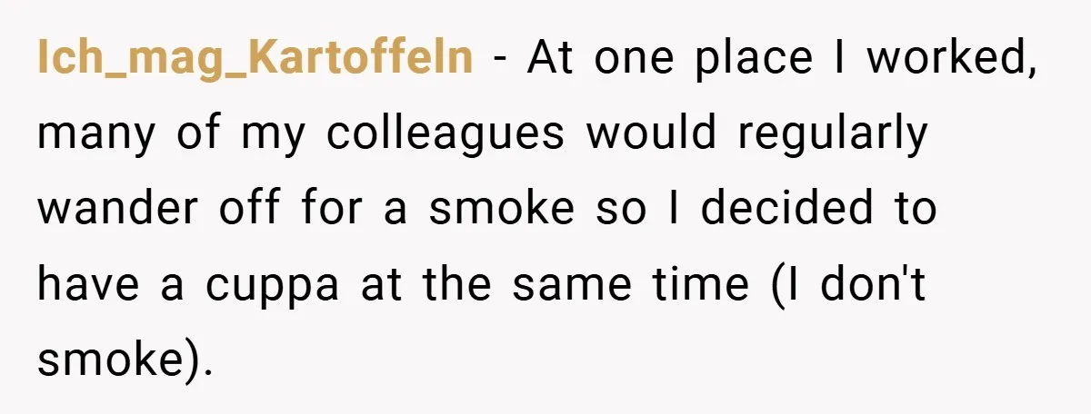 Ich_mag_Kartoffeln − At one place I worked, many of my colleagues would regularly wander off for a smoke so I decided to have a cuppa at the same time (I...