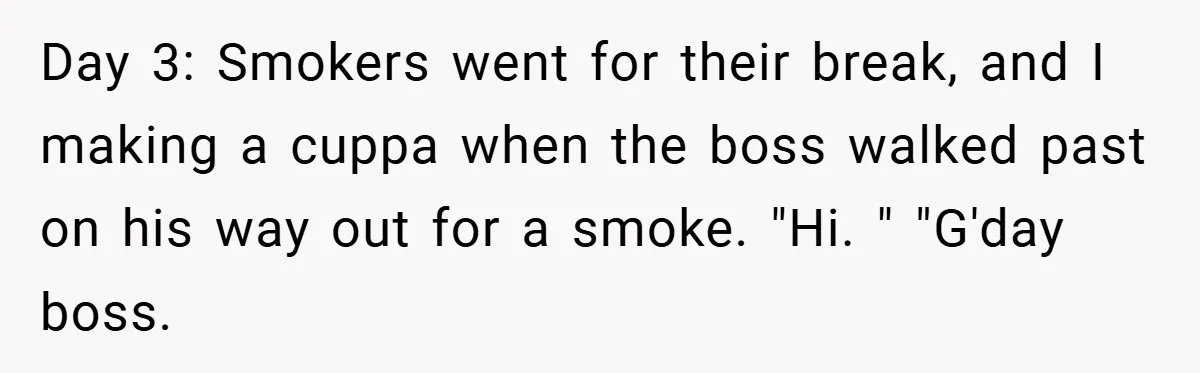 Day 3: Smokers went for their break, and I making a cuppa when the boss walked past on his way out for a smoke. "Hi. " "G'day boss.